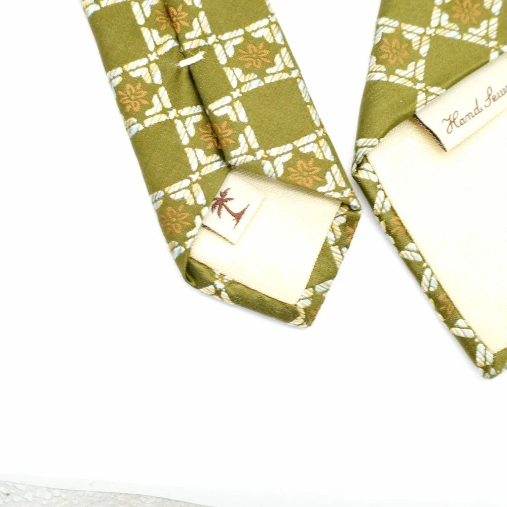 Tommy Bahama Green Brown Floral Check Hand Sewn Long‎ Wide Silk Tie